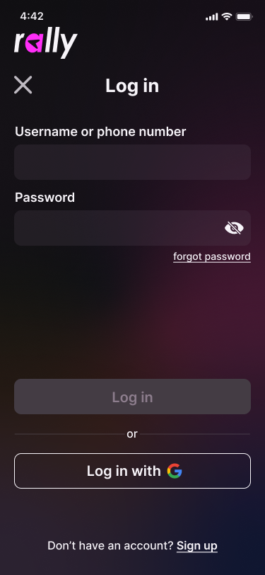 Rally login screen with username and password fields and a 'Log in with Google' button.