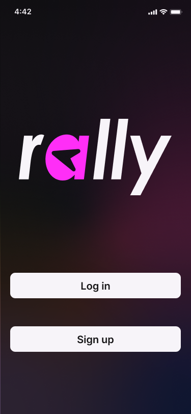 Rally app welcome screen: large pink logo above Log in and Sign up buttons.