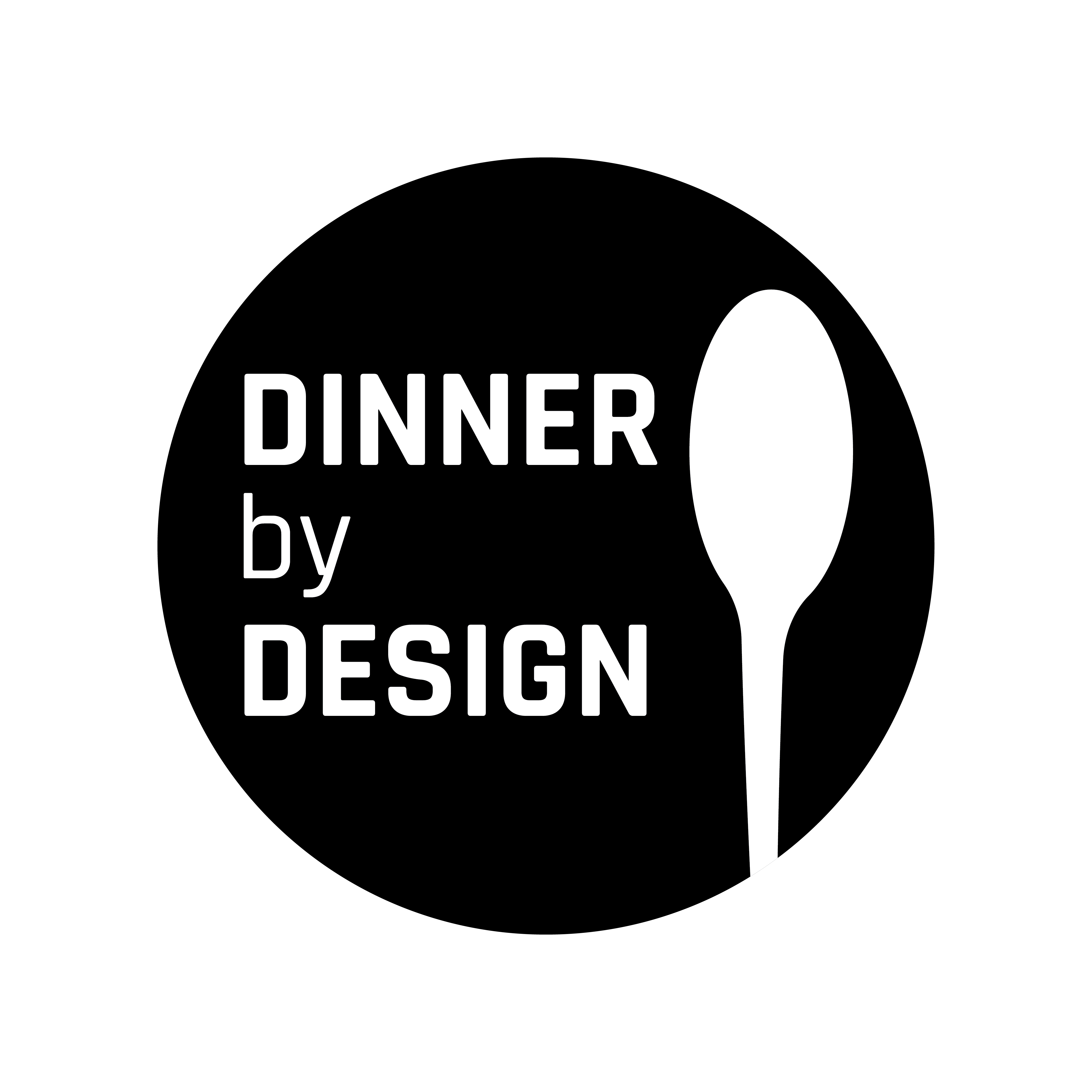 Black circular logo reading "Dinner by Design" beside a white spoon silhouette.