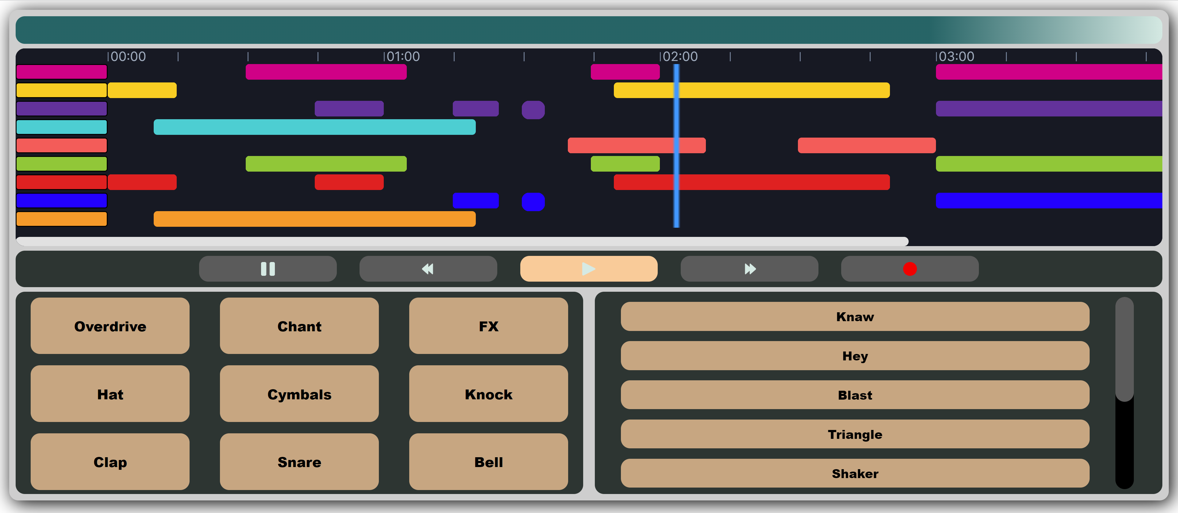 EZBeats music editor: colorful track timeline above sound-clip buttons like Hat, Snare, Clap.
