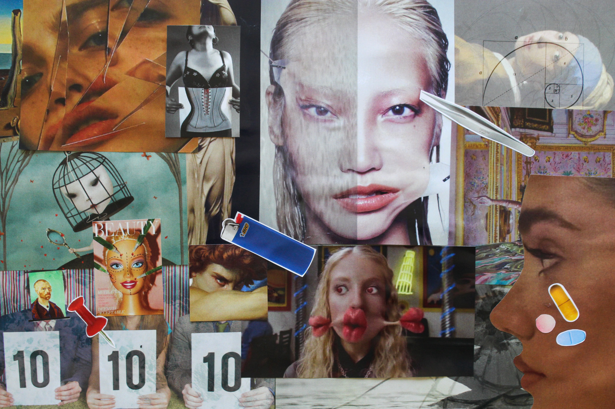 Dense collage of cut magazine faces and a beauty pageant scoring 10s, with pills and a lighter.
