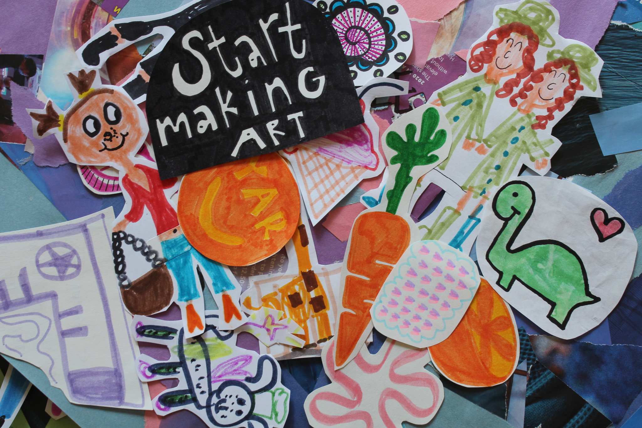 Childlike marker drawings of figures, a cactus, and a dinosaur around a sign reading Start making art.