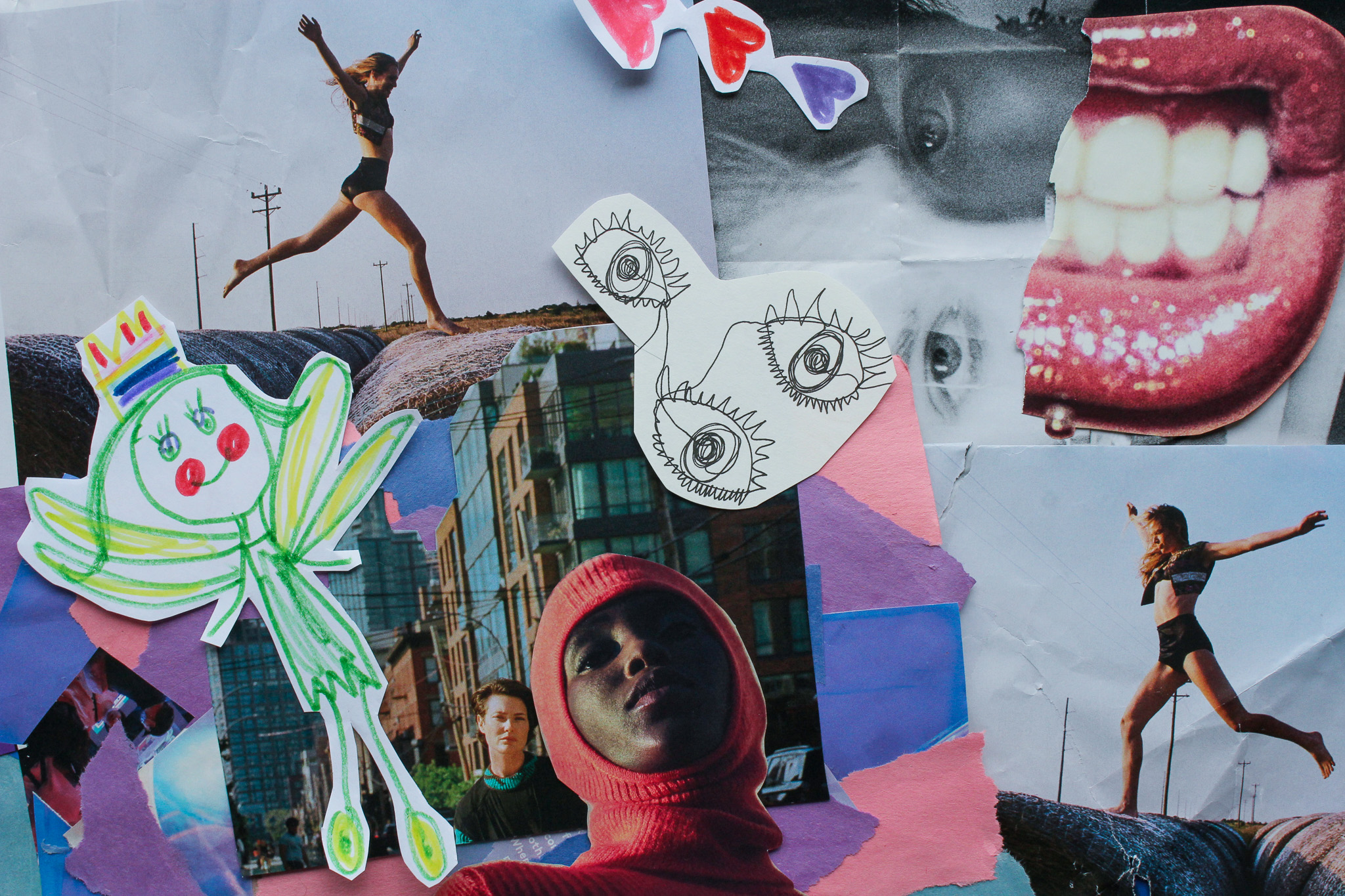 Collage mixing a crayon frog and eye doodles with photos of a leaping dancer, lips, and a hooded figure.