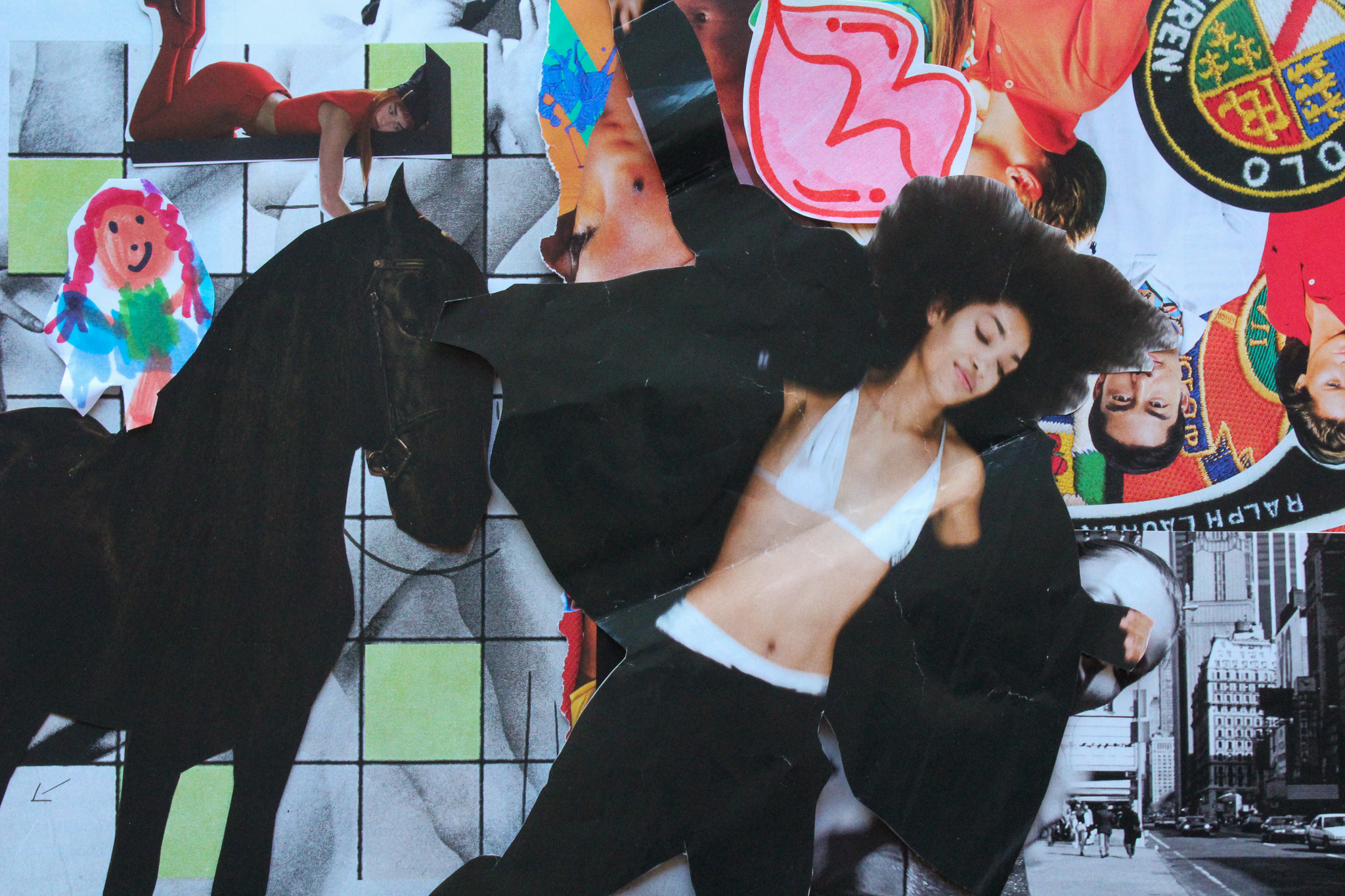 Collage of a black horse and an embracing couple over a grid, with a child's crayon person and logos.