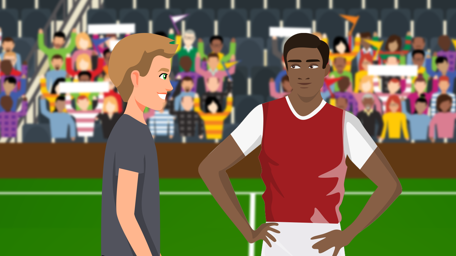 Illustrated scene of two young soccer players facing each other on a field before a packed crowd.