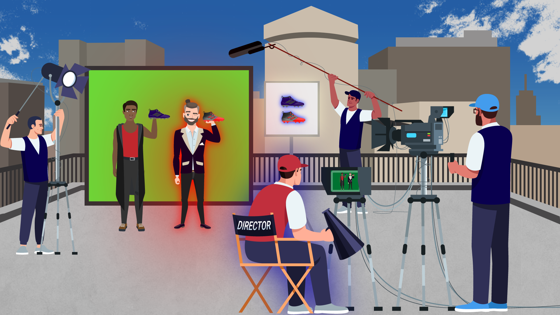 Illustrated film set on a rooftop shooting a soccer-cleat ad, with crew, camera, and a director.