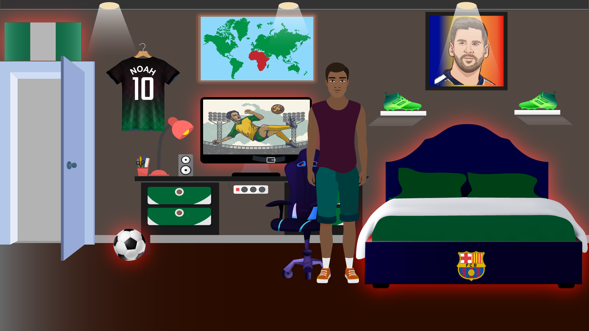 Illustrated teen's bedroom with a Noah #10 jersey, Messi poster, Barcelona bed, and gaming setup.