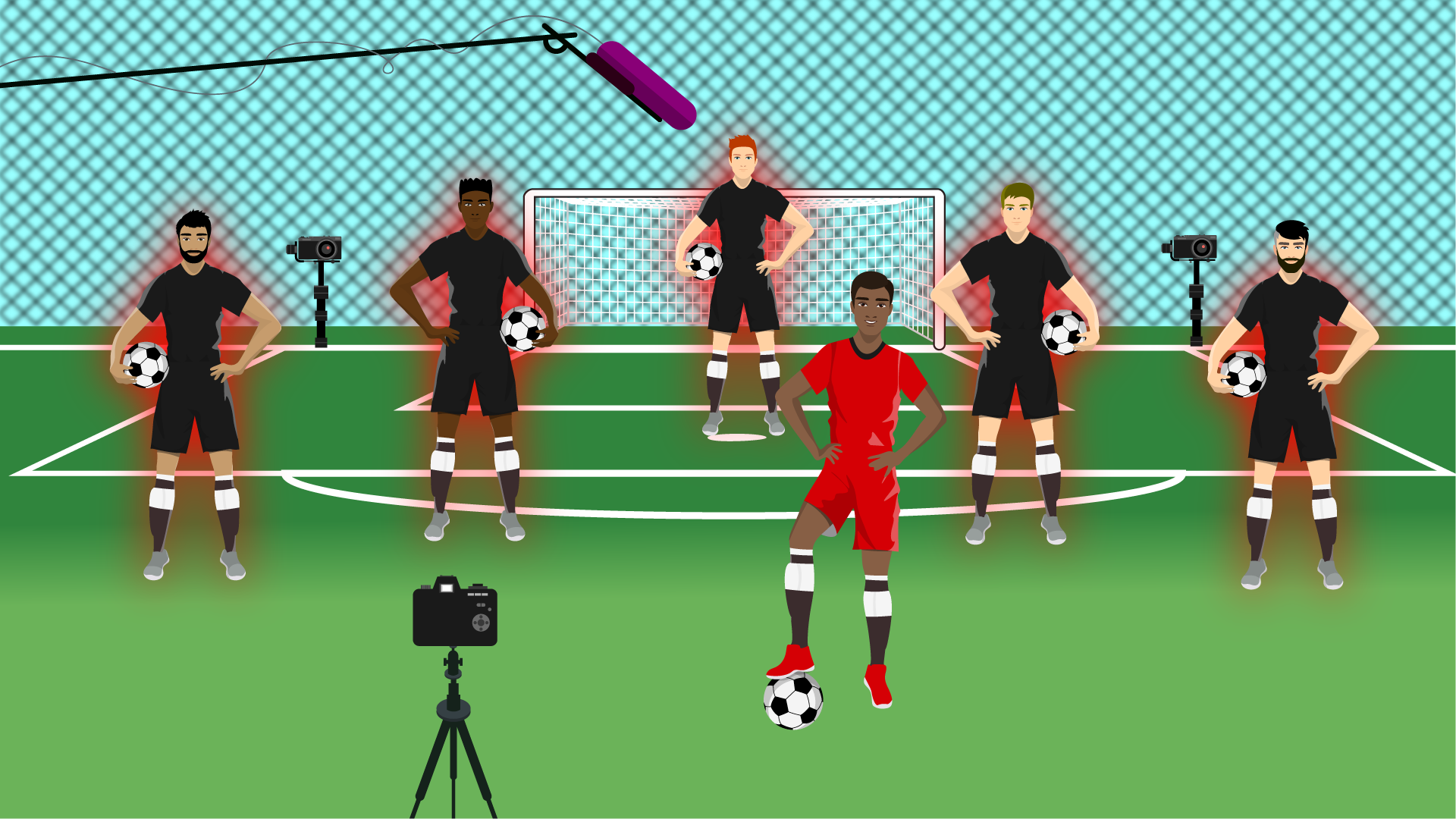 Illustrated soccer field where a red-clad player films a video flanked by people holding soccer balls.