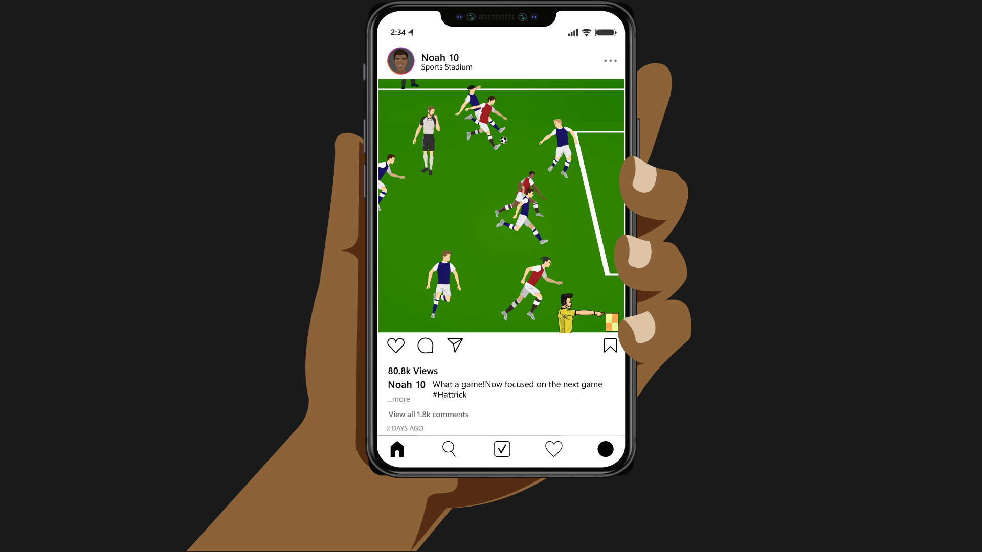 A hand holds a phone showing Noah's Instagram match post with 80.8k views and a hat-trick caption.