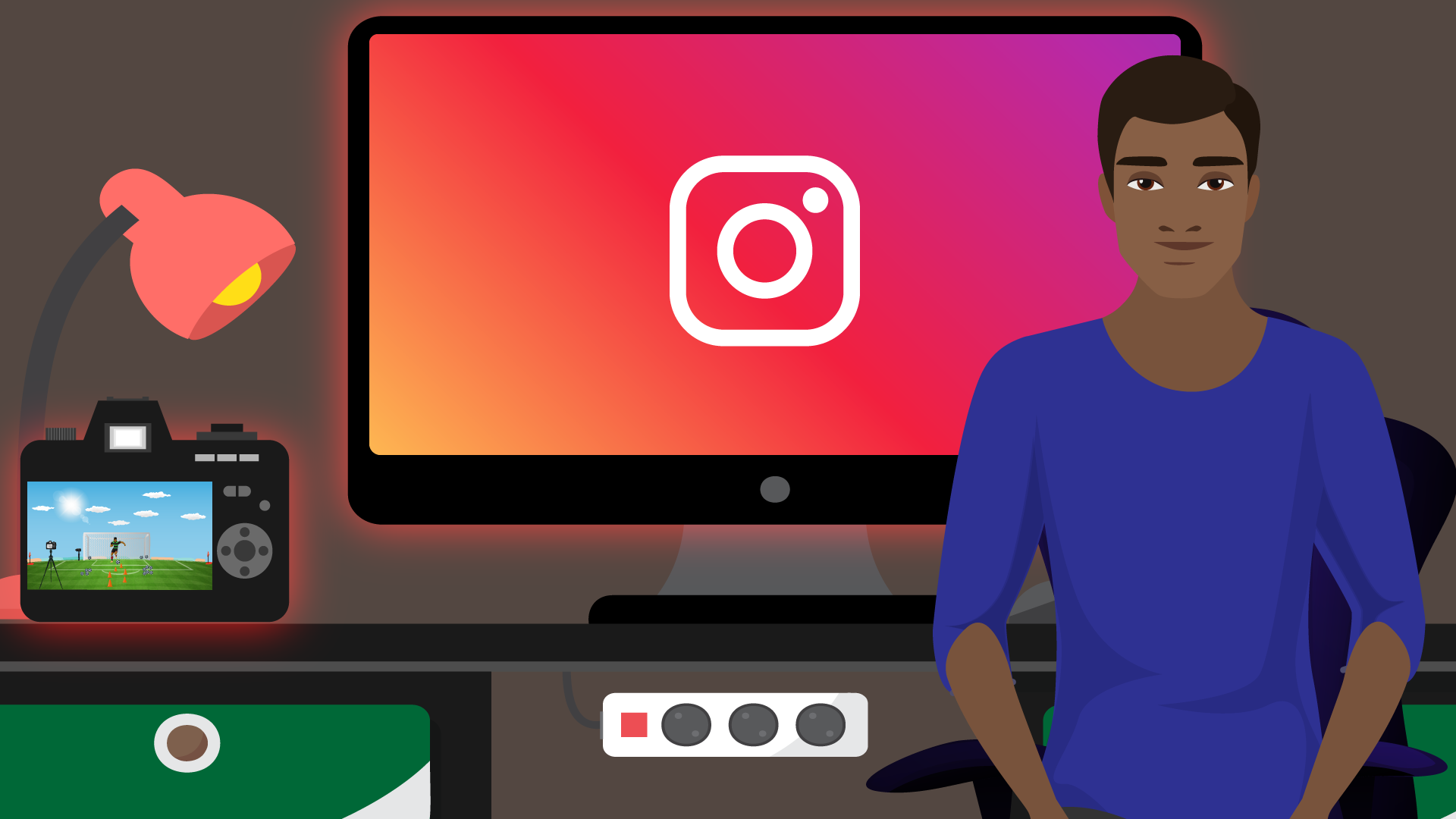 Illustrated young man at a desk before a monitor displaying the Instagram logo, camera nearby.
