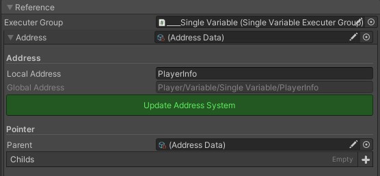 Unity Inspector panel configuring a Reference's address fields with an Update Address System button.