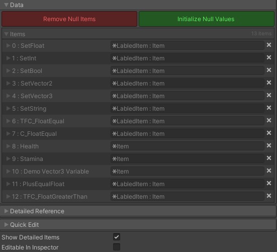 Unity Inspector Data list of thirteen labeled items such as SetFloat, SetInt, Health, Stamina.