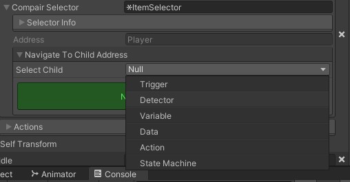 Unity Inspector selector with an open dropdown listing Trigger, Detector, Variable, Data, Action, State Machine.