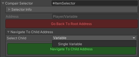 Unity Inspector selector navigated to Player/Variable with a Single Variable dropdown option.