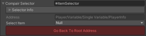 Unity Inspector showing a PlayerInfo address path and a Go Back To Root Address button.
