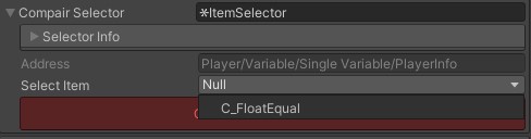 Unity Inspector item selector with a dropdown offering the C_FloatEqual option.