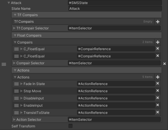 Unity Inspector for the Attack state showing float compares and five action references.