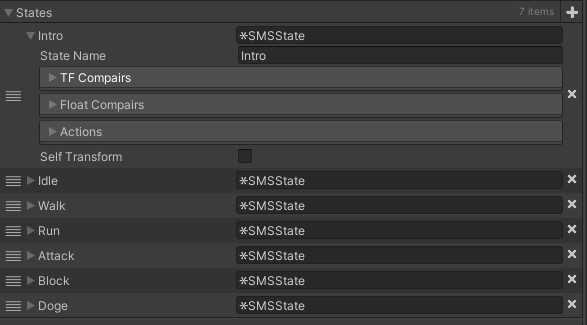 Unity Inspector States list of seven game states: Intro, Idle, Walk, Run, Attack, Block, Doge.