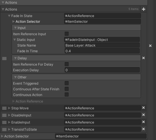 Unity Inspector detailing a Fade In State action with input, delay, and trigger settings.