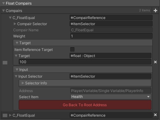 Unity Inspector float-compare config with weight, target value 100, and a Health input item.