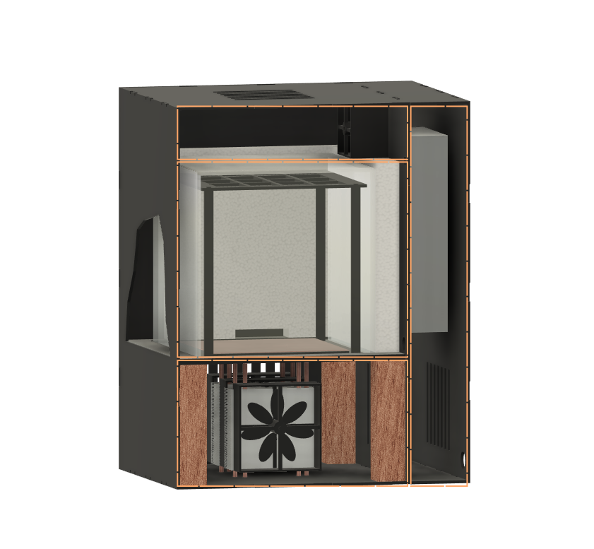 Cutaway 3D render of a tall black cabinet housing a glass cloud chamber above cooling electronics.