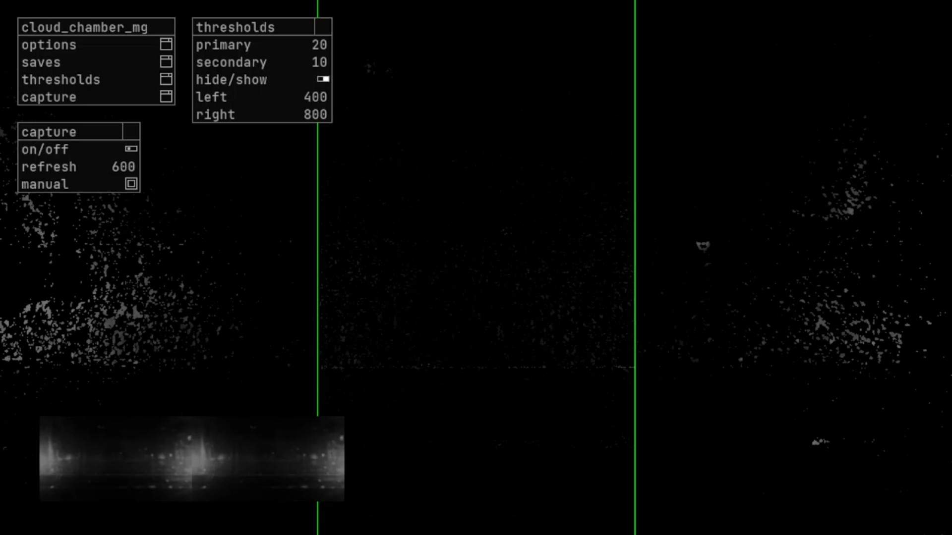 Dark particle-tracking software screen with control menus for thresholds and capture over a noisy black field.