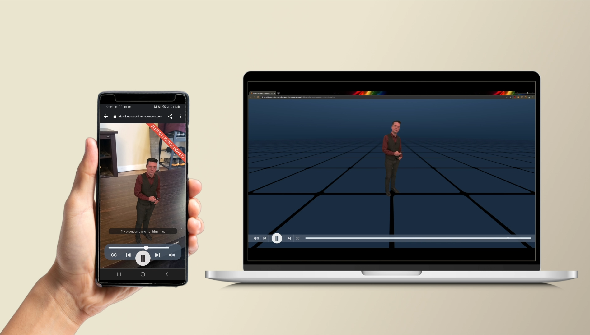 A volumetric video of a man playing on a phone and a laptop, his 3D-captured figure on a grid floor.