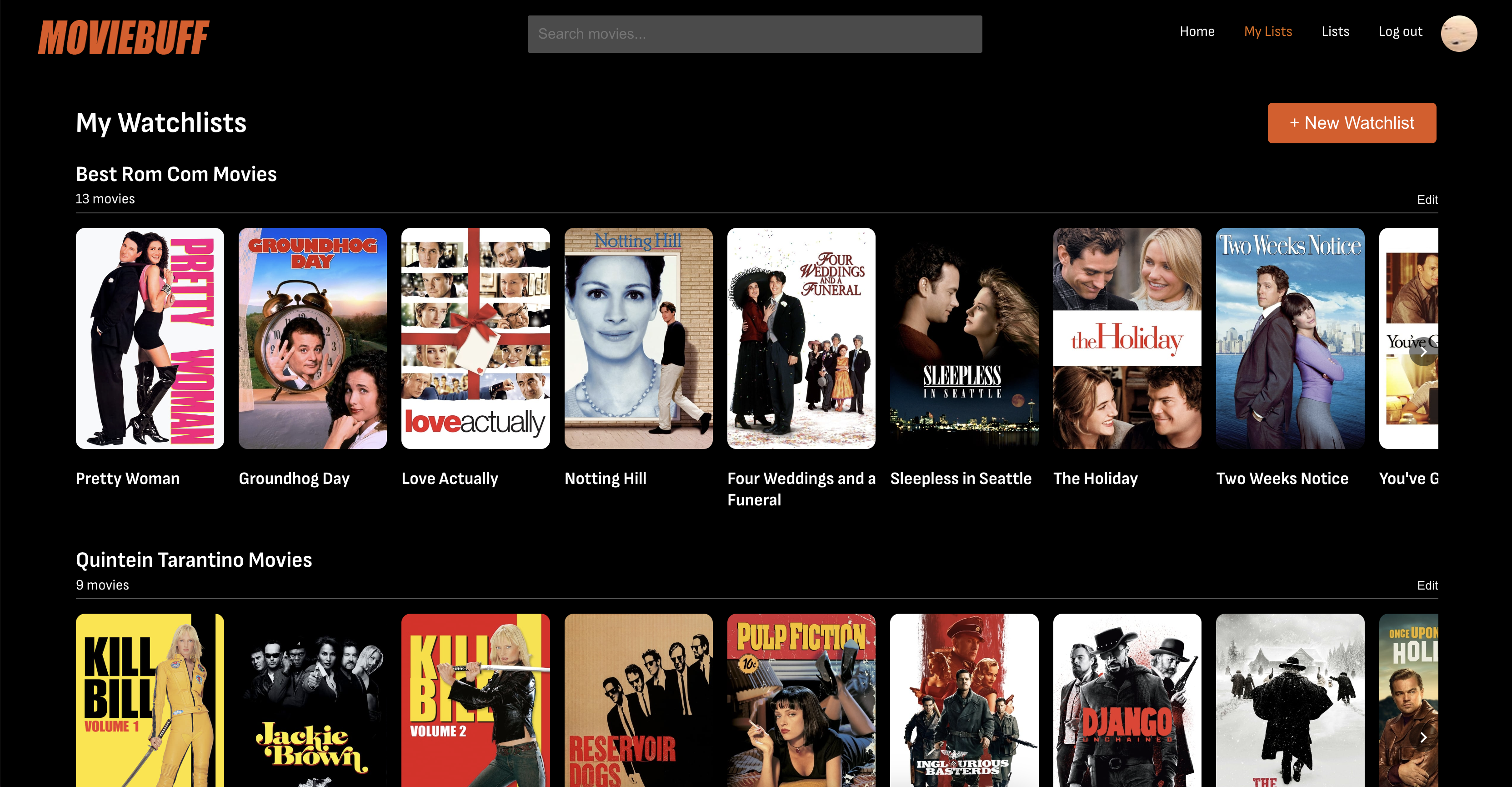 MovieBuff web app watchlists page showing rom-com and Tarantino movie posters in scrollable rows.