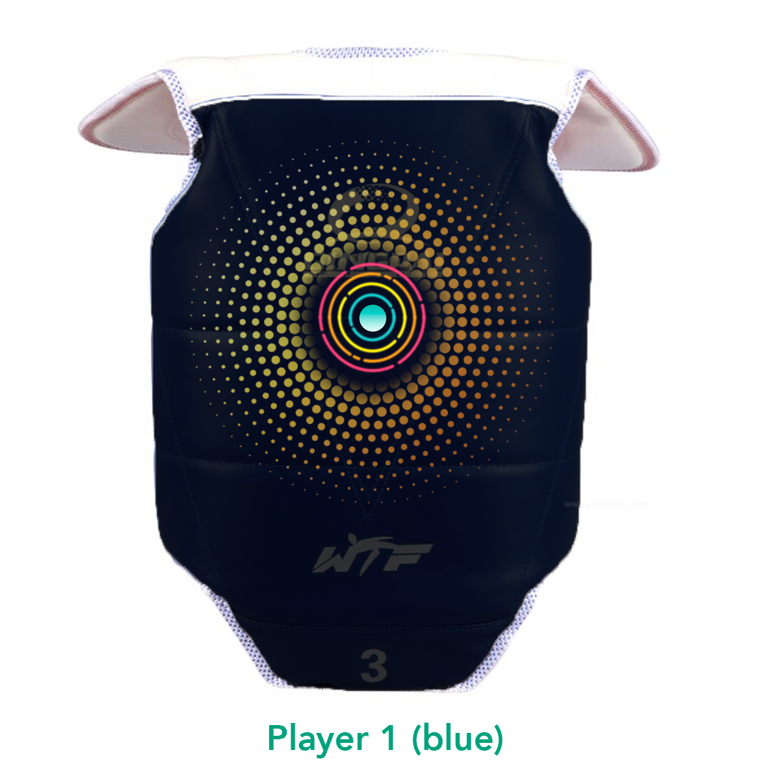Taekwondo chest guard with a glowing concentric-circle target, captioned "Player 1 (blue)."