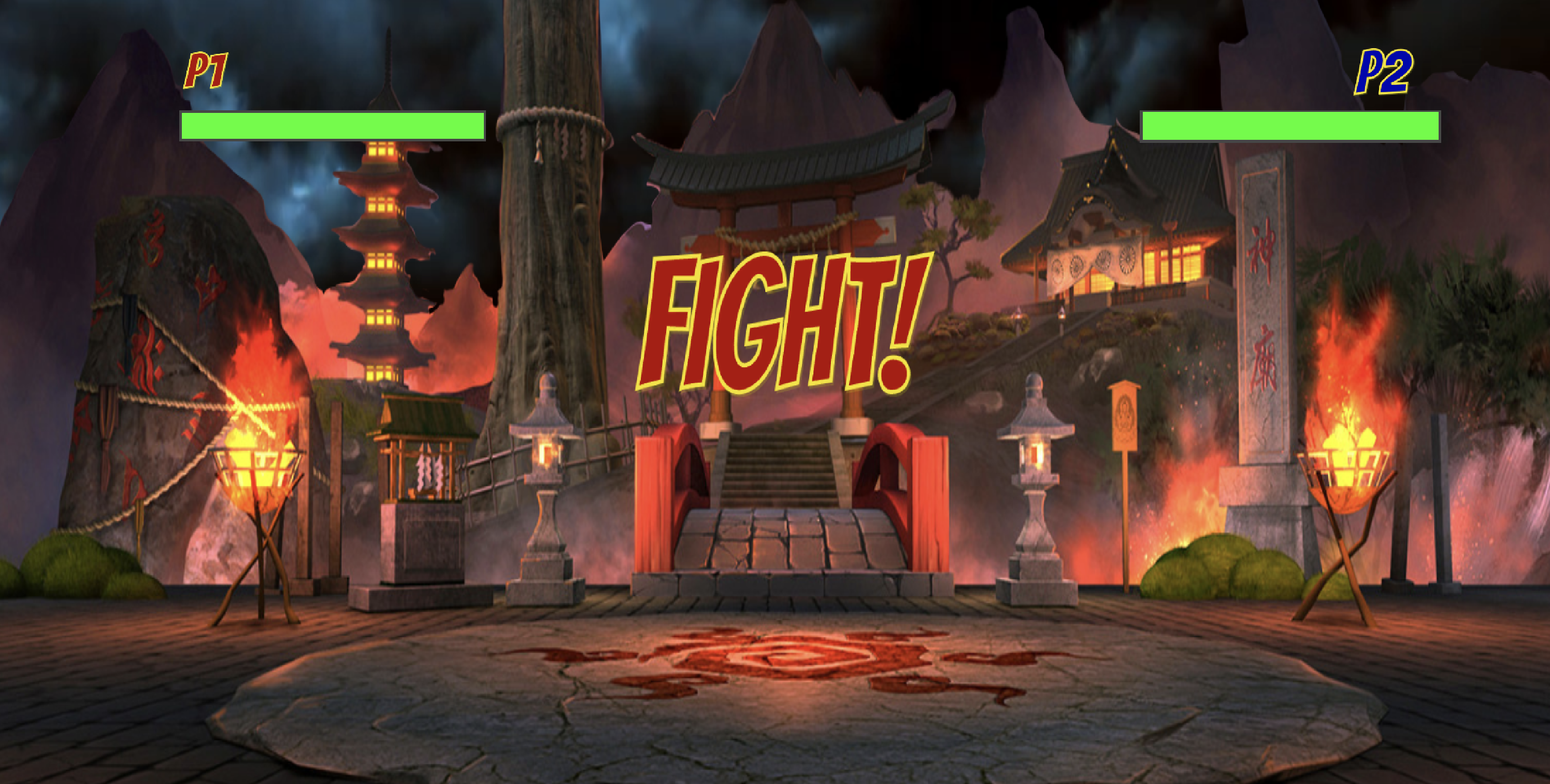 Fighting-game arena screen at a burning Japanese shrine with two health bars and a red "FIGHT!" title.