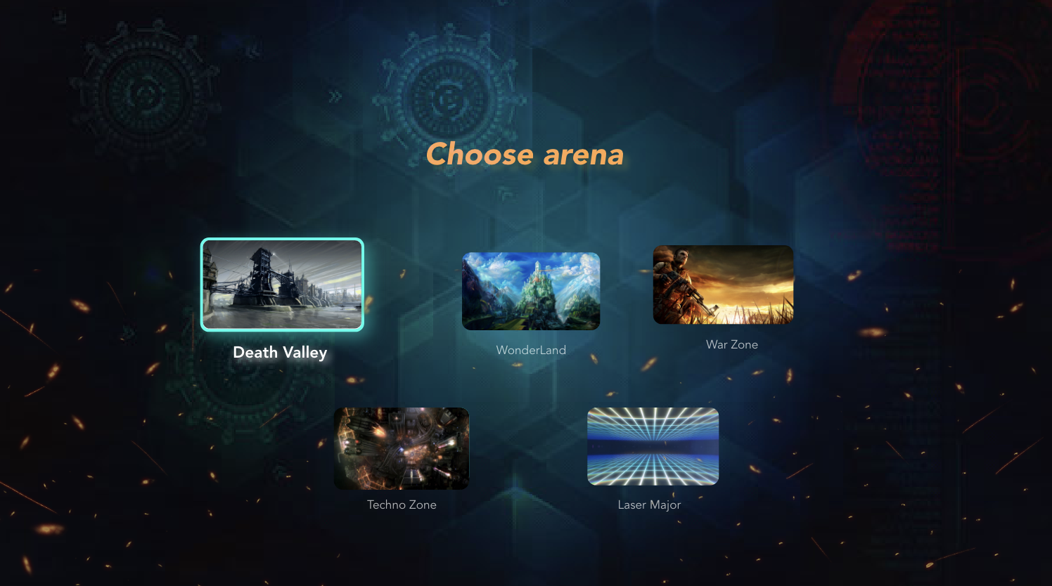 Game arena-select screen offering five stages including Death Valley, WonderLand, and War Zone.
