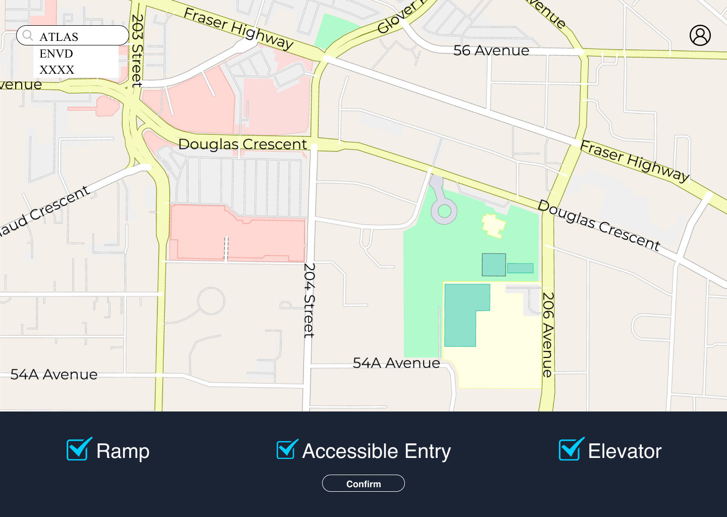 Campus map UI with a building search box and accessibility filters for ramp, accessible entry, and elevator.