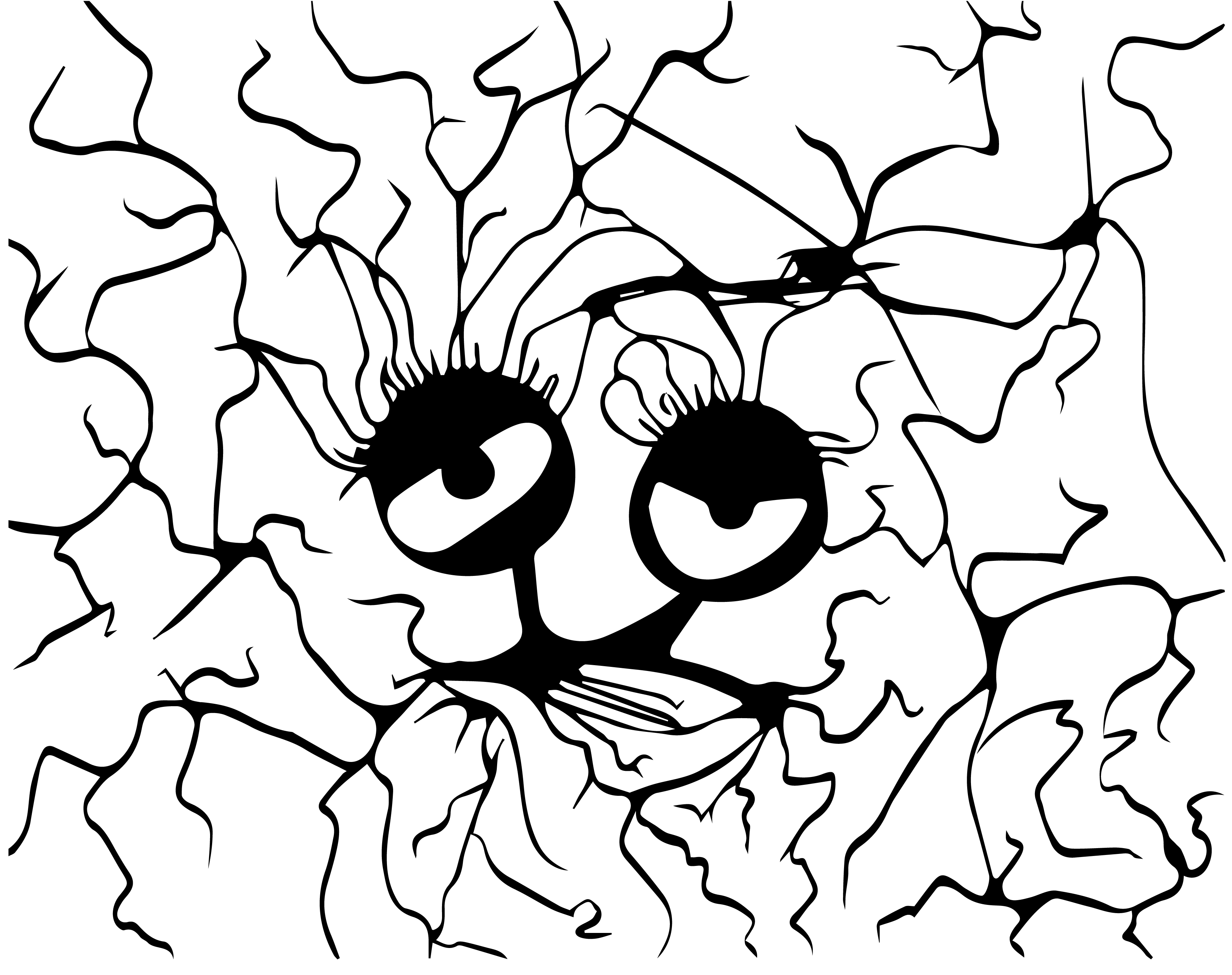 Black-and-white line drawing of a heavy-lidded face emerging from radiating cracked lines.