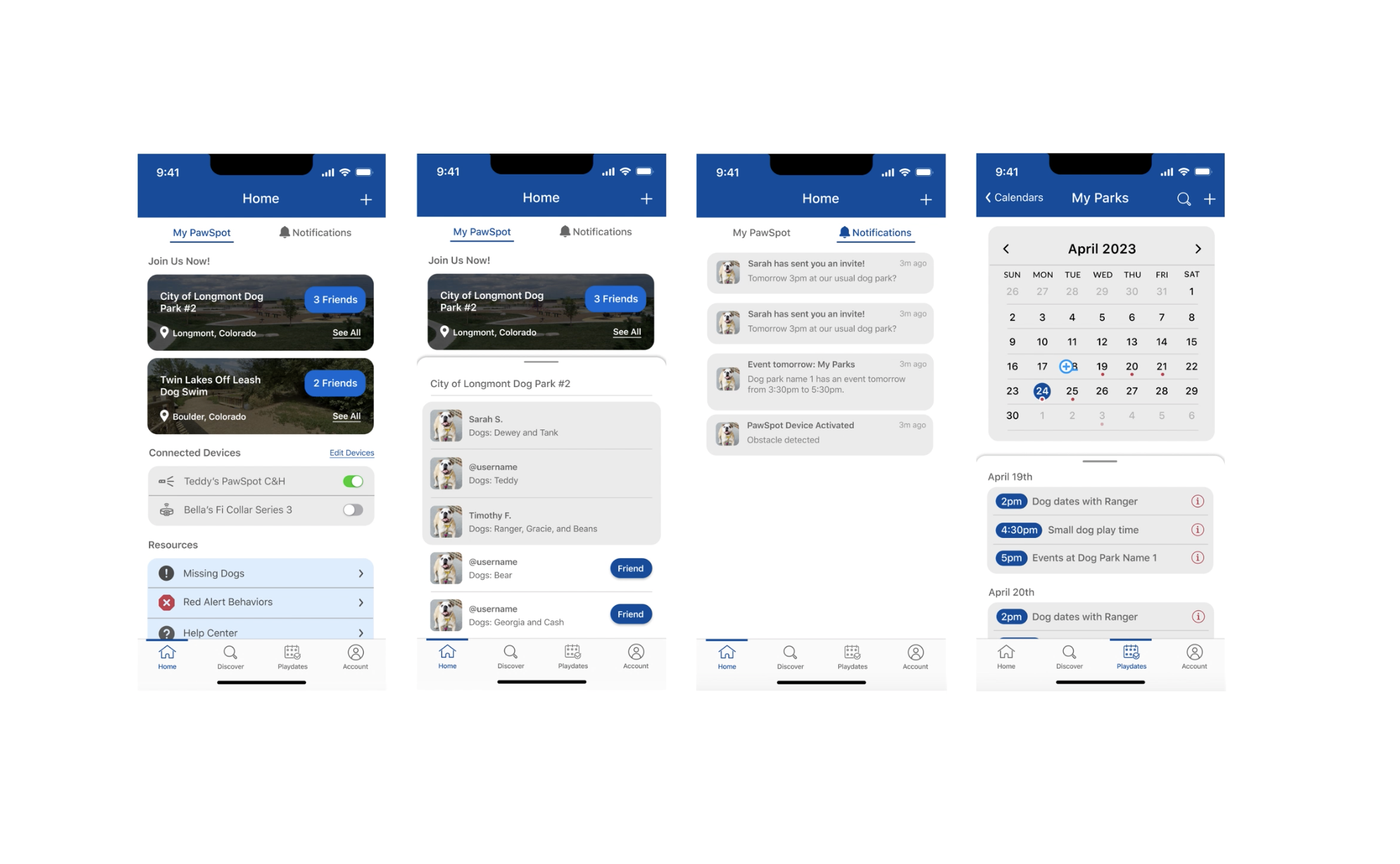 Four PawSpot app screens: dog-park feed, friends list, notifications, and a park-events calendar.