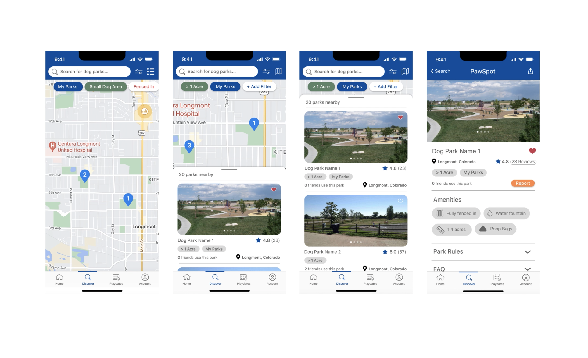 Four PawSpot app screens: a dog-park map, search results with ratings, and a park detail page.