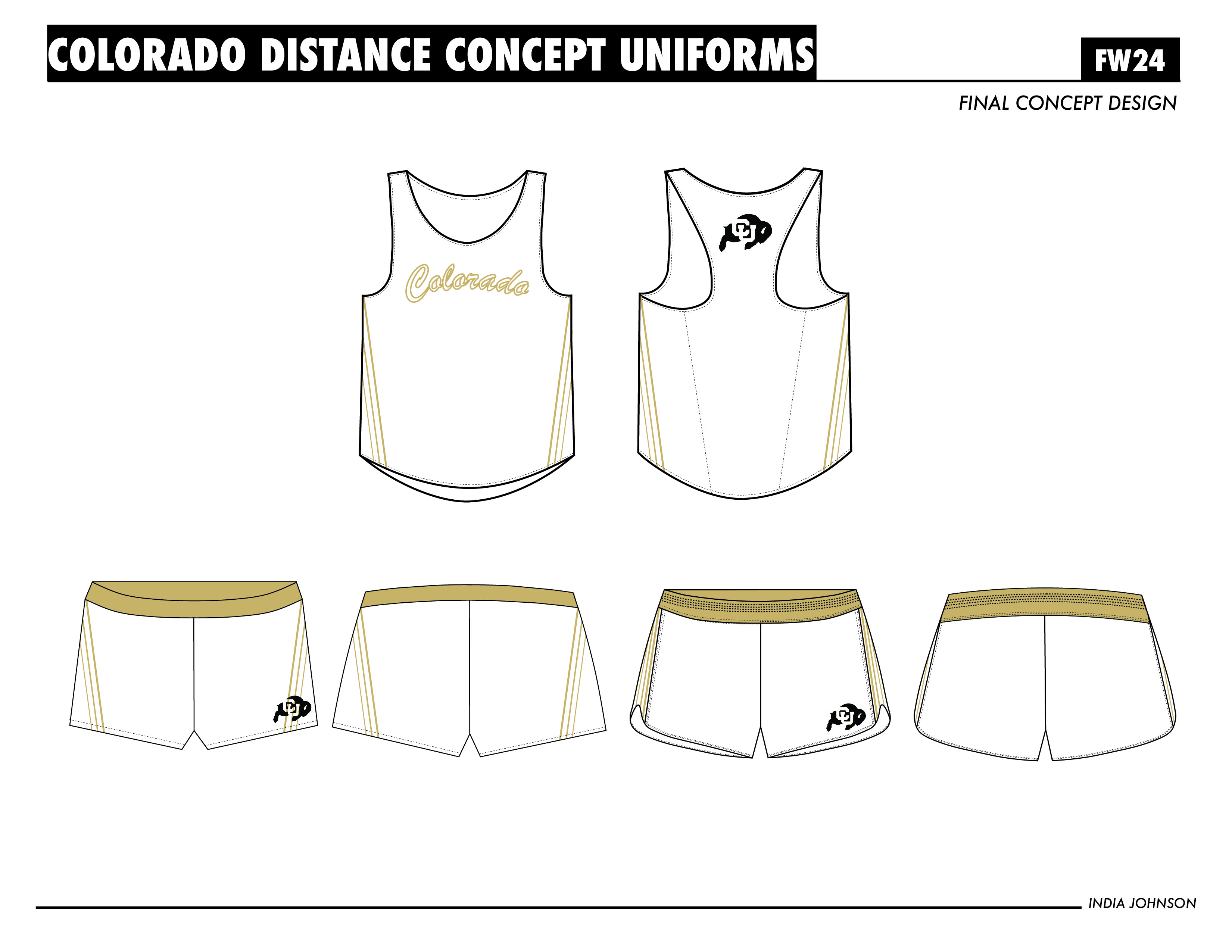 Technical flats of a Colorado track singlet and running shorts, front and back views.