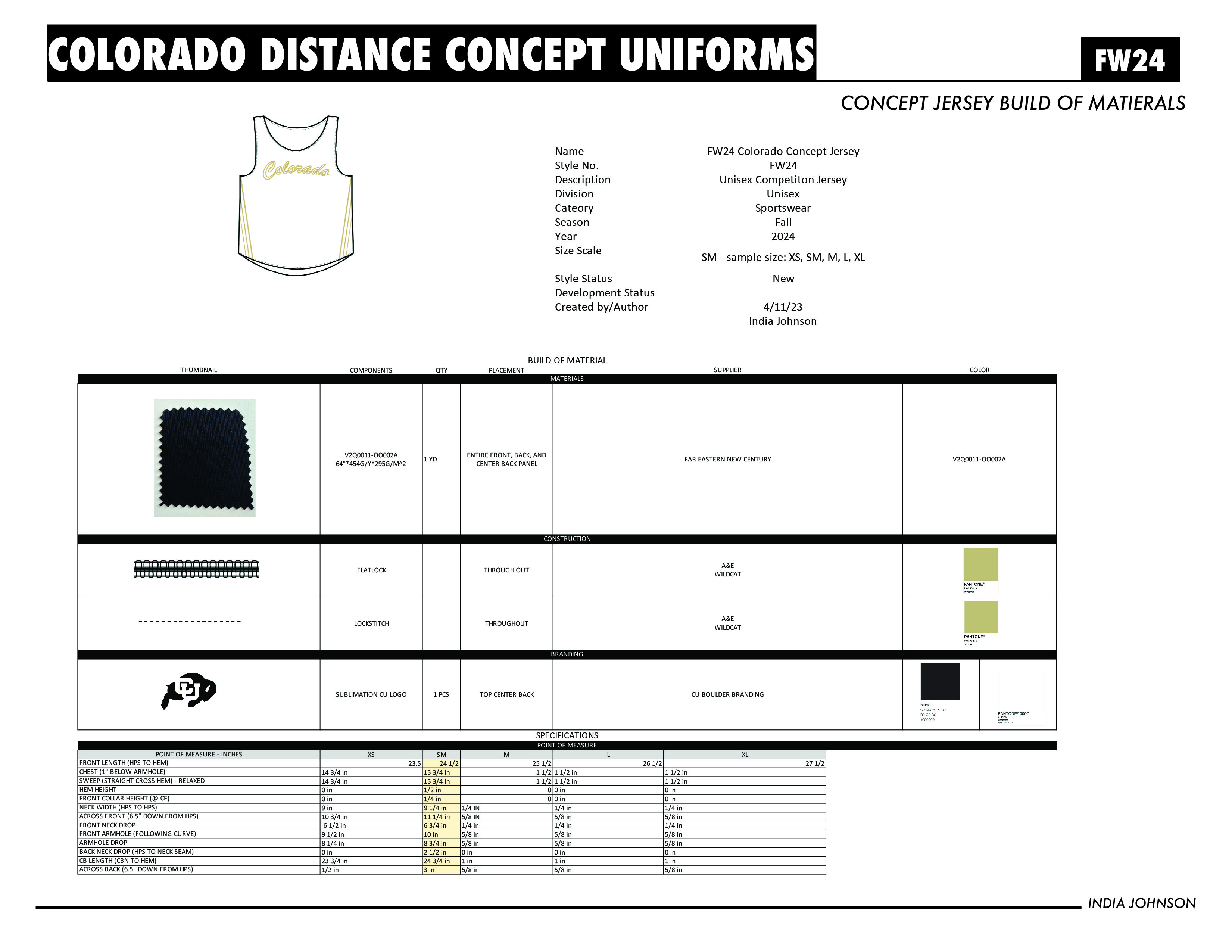 Concept jersey build-of-materials sheet with fabric swatch, stitch details, and size chart.