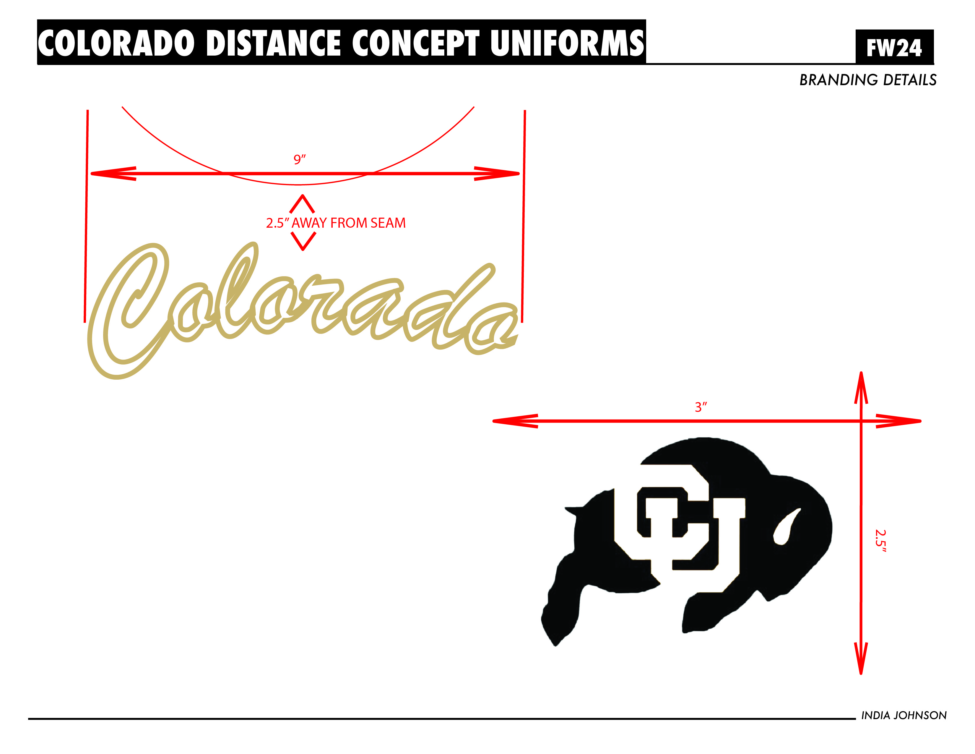 Branding layout showing gold 'Colorado' script and the CU buffalo logo with placement dimensions.