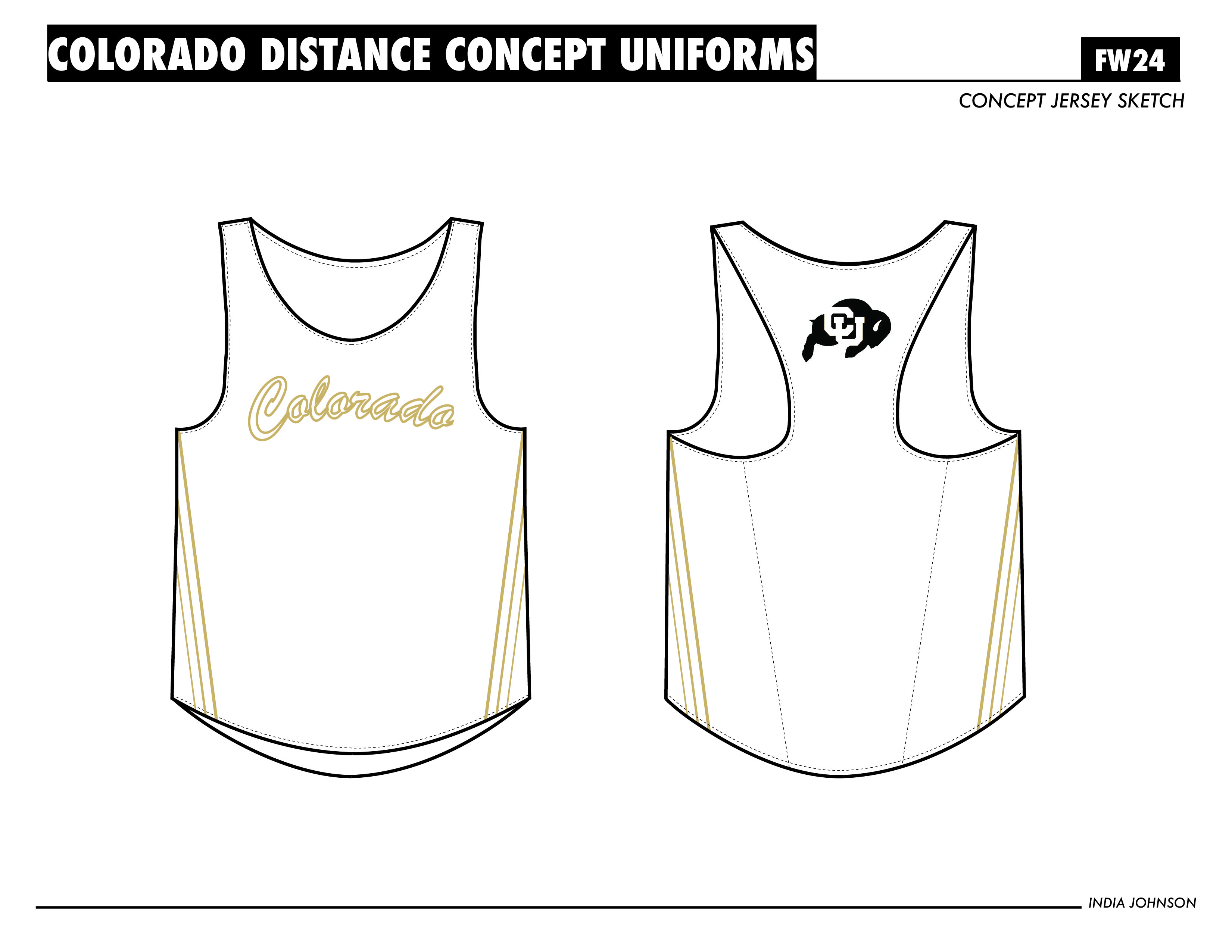 Line-art sketch of the white Colorado singlet, front and back, with gold side stripes.