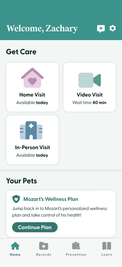 House of Wags app home screen offering Home, Video, and In-Person vet visit options.