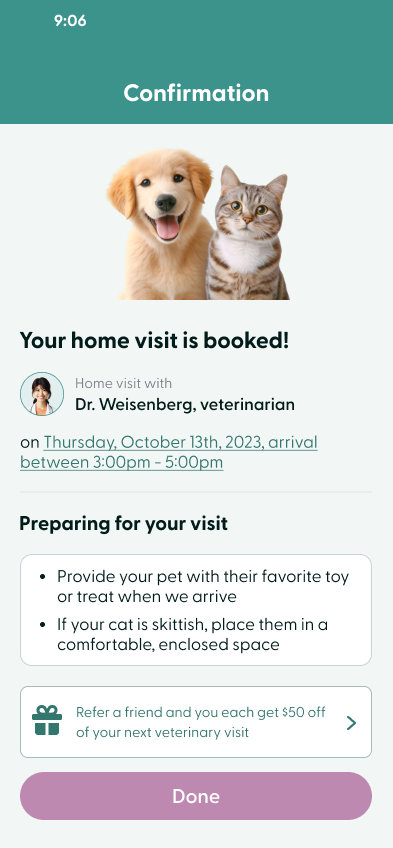 House of Wags booking confirmation screen with a puppy and cat and visit-prep tips.