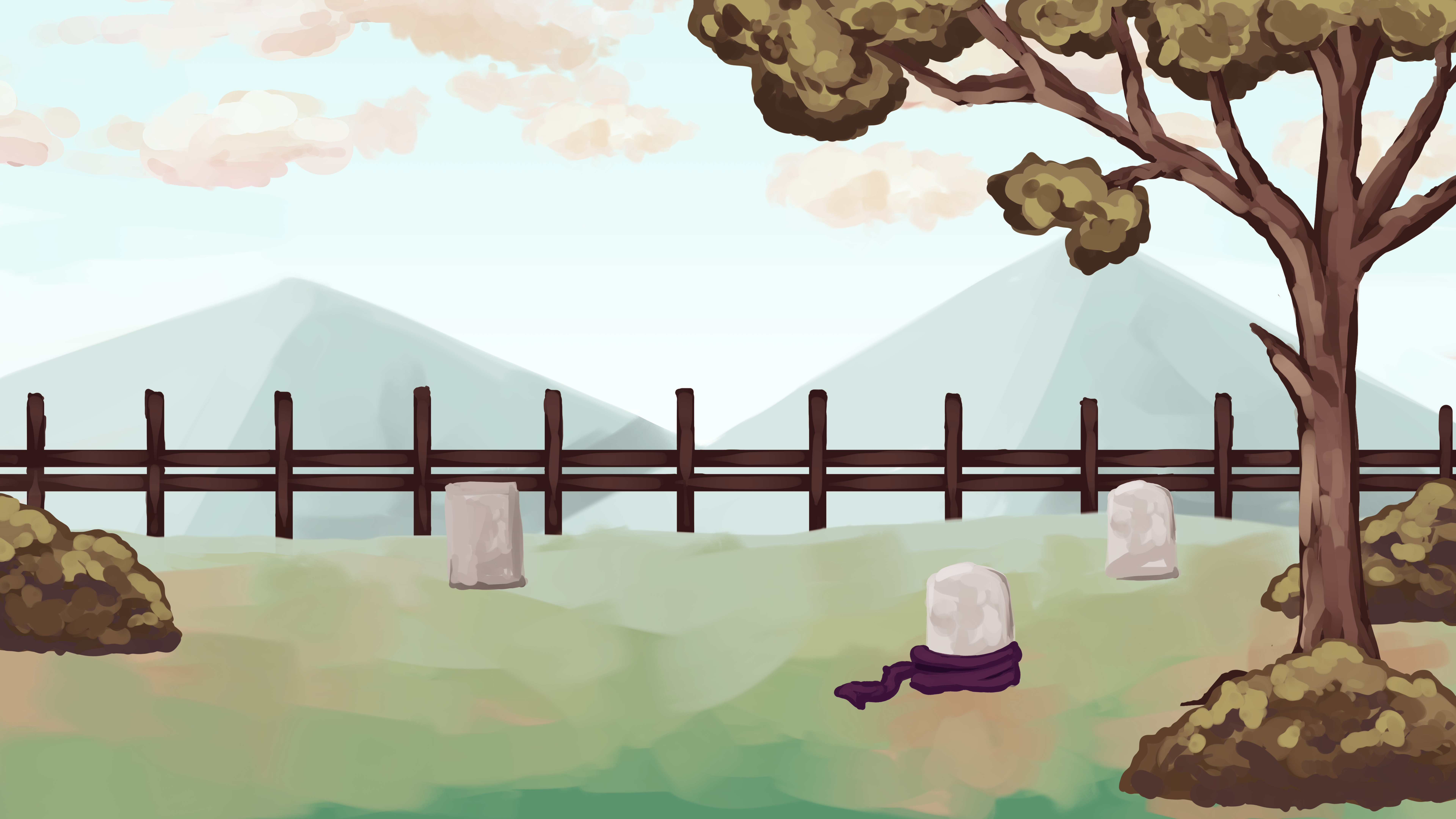 Painted 2D game background: a cemetery meadow with gravestones, a fence, and a tree at dusk.