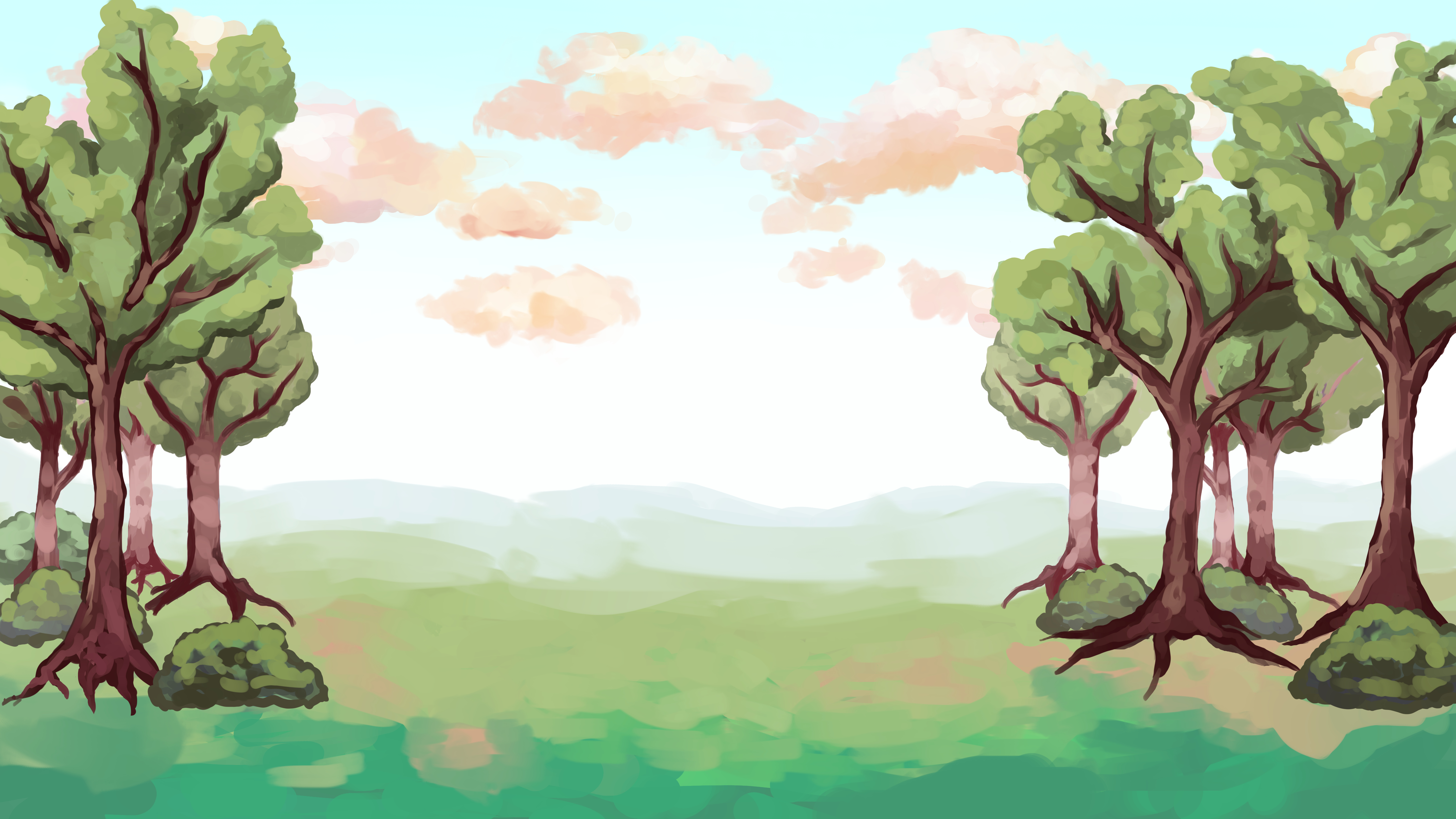 Painted 2D game background of a green clearing framed by tall leafy trees and pink clouds.