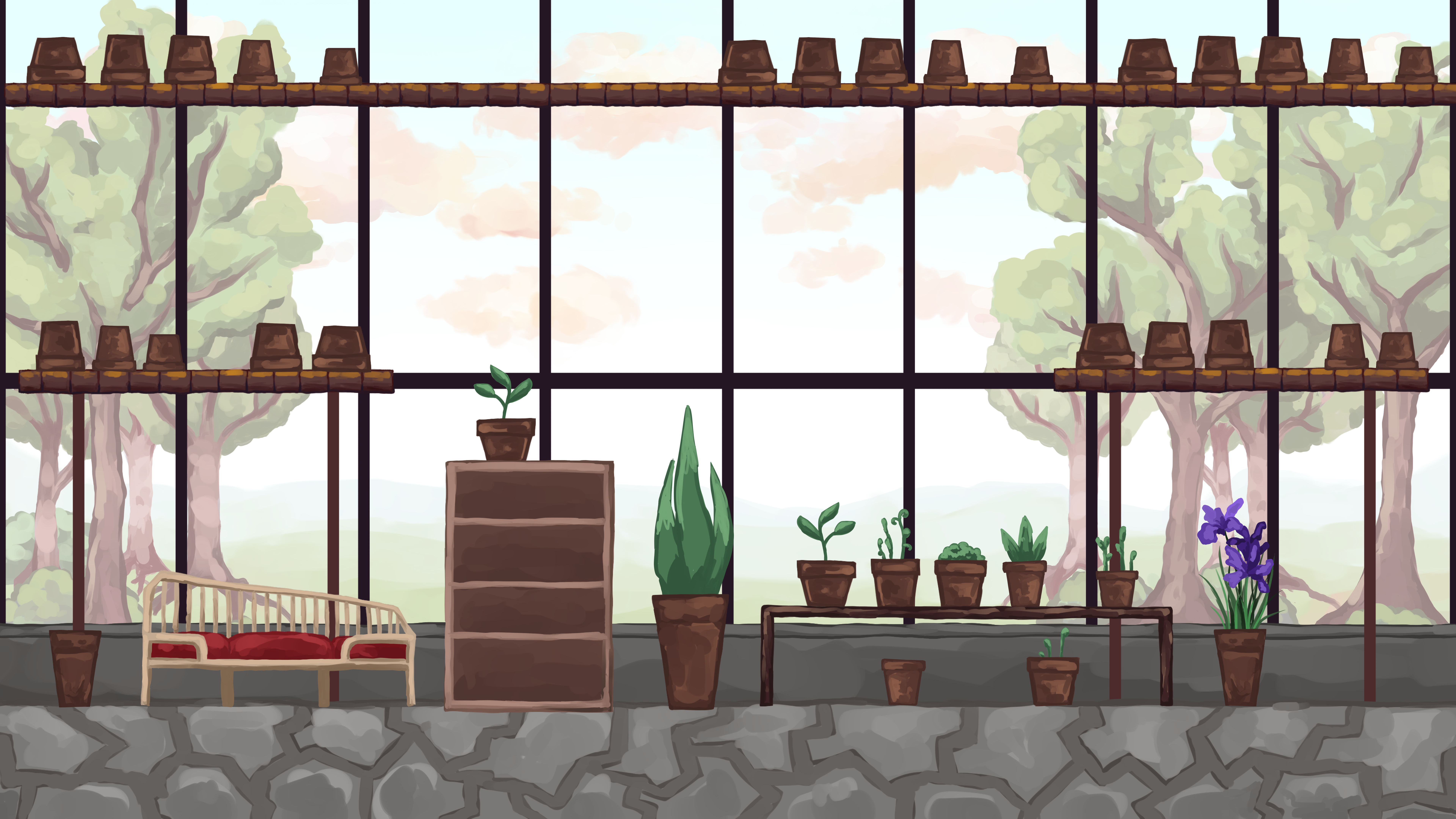 Painted 2D greenhouse interior with potted plants, a wooden bench, and tall windows.
