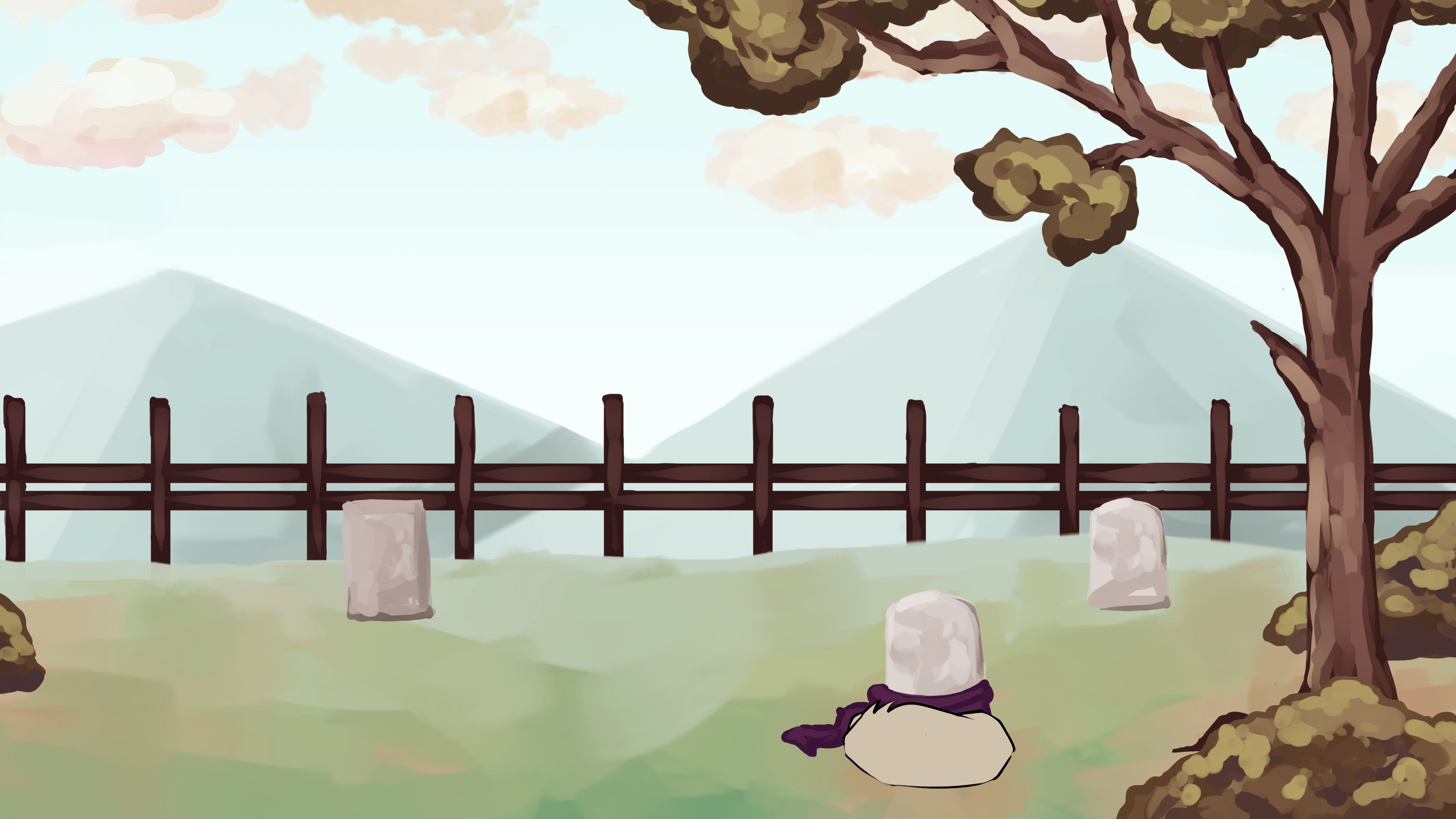 Painted 2D game scene: a single grave wrapped in a purple scarf in a fenced meadow.