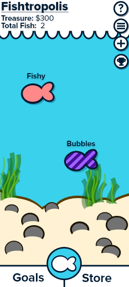 The Fishtropolis aquarium home screen with two named fish, Fishy and Bubbles, and Goals and Store tabs.