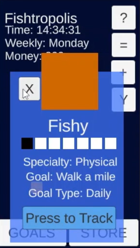 A fish detail popup for Fishy showing a progress bar, specialty, goal, and a Press to Track button.