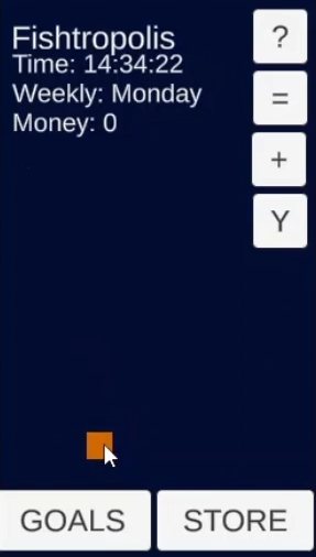 Early Fishtropolis prototype: dark tank with a stats header, control buttons, and Goals and Store tabs.