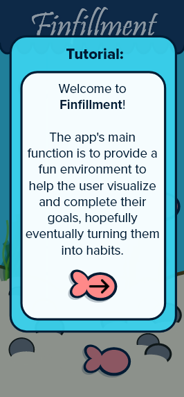 Finfillment app tutorial welcome screen with an underwater theme and a pink fish next button.