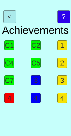 Early Achievements prototype screen with a grid of colored labeled buttons on a pale blue background.